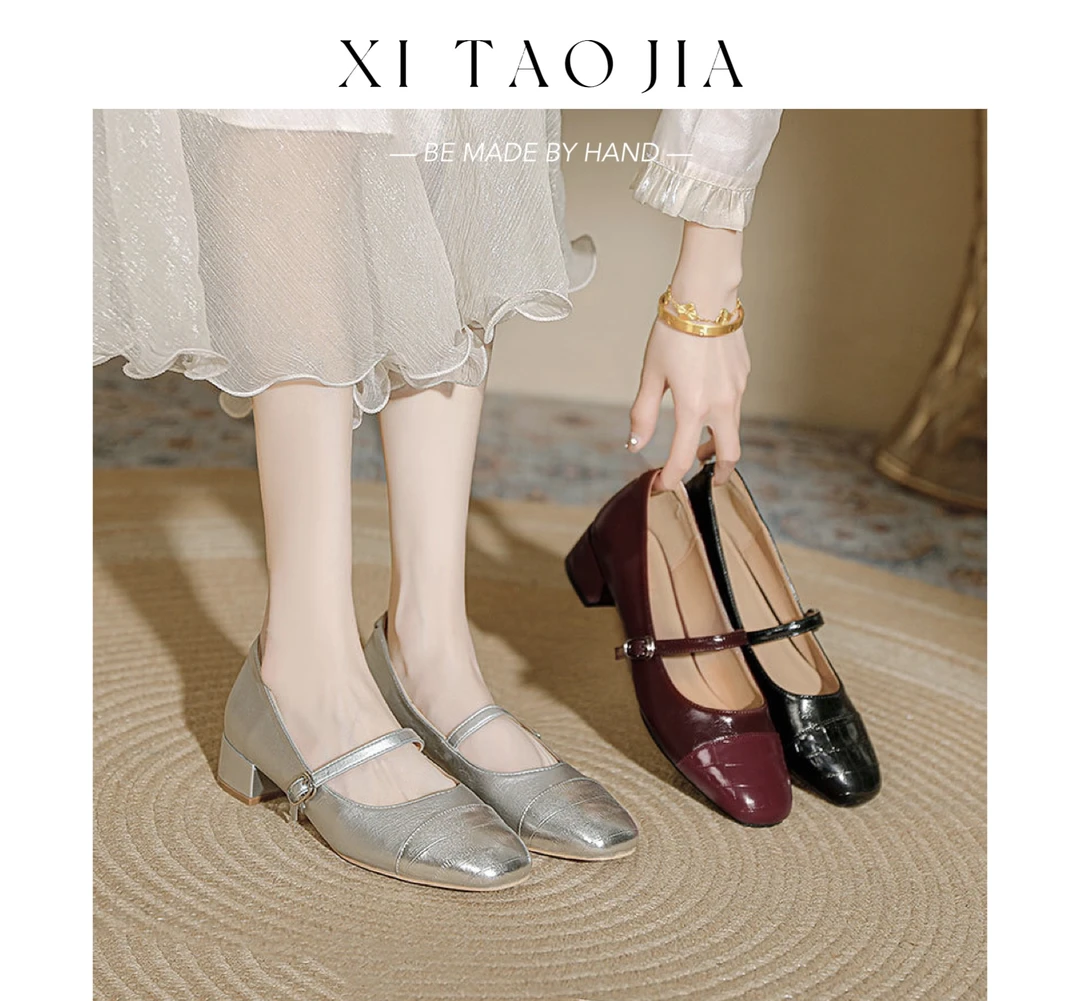 法式时光玛丽珍一字带皮鞋春秋粗跟新款女鞋拼接皮高级锁喉温柔风