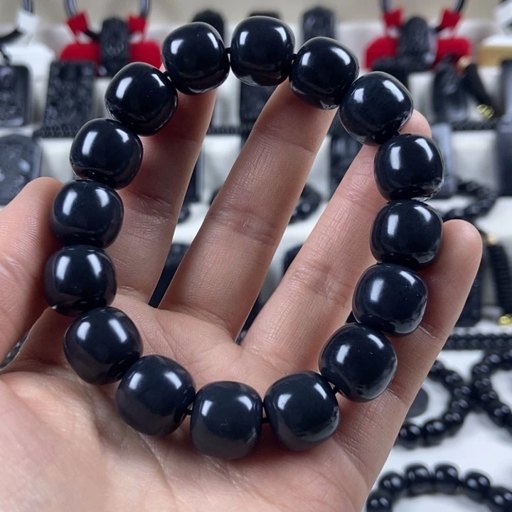 和田玉（墨玉）未镶嵌手串卡14老型灰调