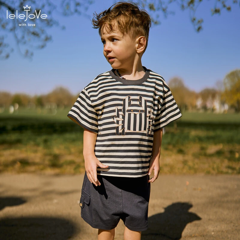 lelejove儿童撞色条纹圆领短袖男宝宽松休闲星座印花T恤5AU33226