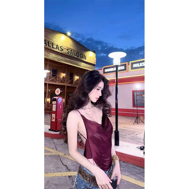 2025夏季新款流苏露背吊带背心上衣配美式复古高腰显瘦牛仔裤女