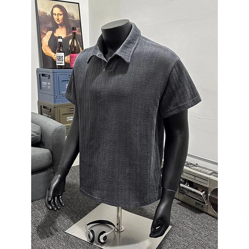 深灰色麦穗纹polo衫男款短袖夏季提花设计感翻领t恤美式重磅半袖