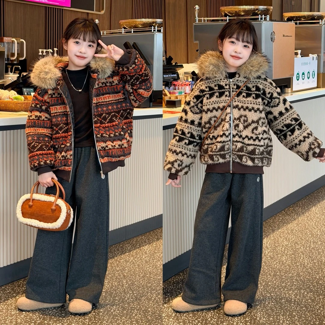 女童冬季费尔岛羊羔绒夹棉外套2026中大童洋气大毛领连帽保暖棉衣