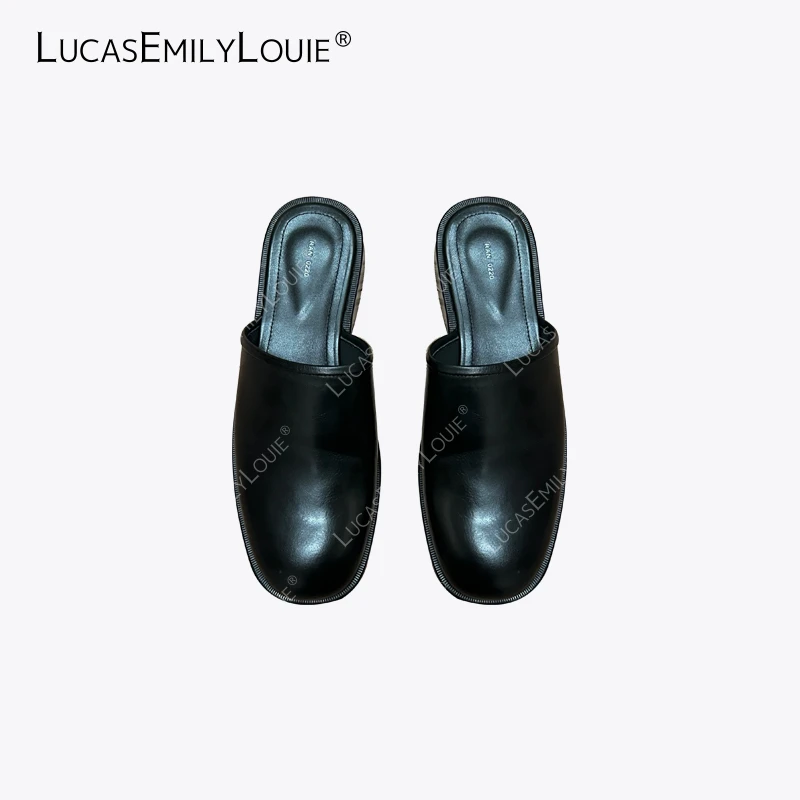 LUCASEMILYLOUIE 复古极简方头植糅牛皮穆勒鞋平底包头拖250007
