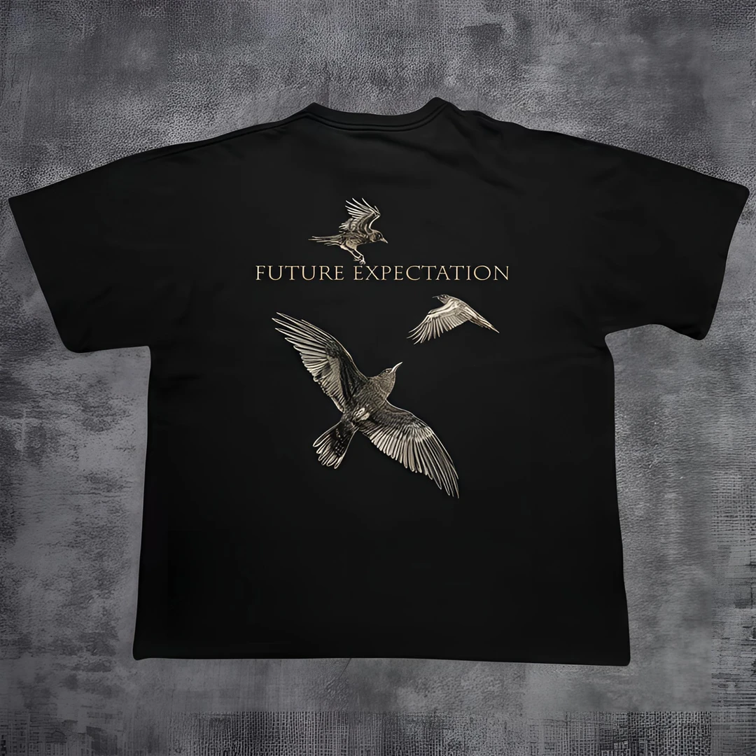 美式高街重磅纯棉黑鸟印花短袖t恤男夏季潮牌上衣宽松情侣装半袖