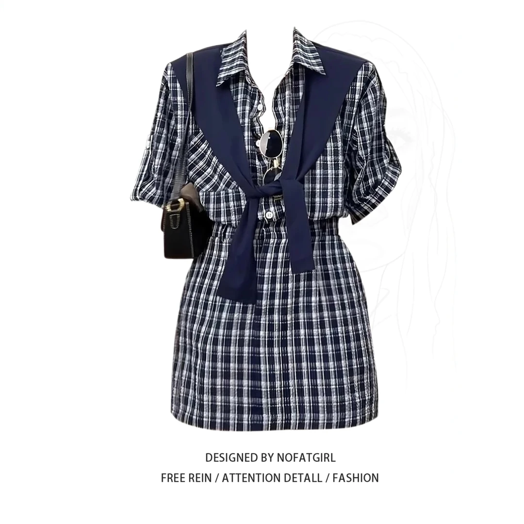 大码胖MM韩系复古格子衬衫连衣裙女夏季新款收腰显瘦气质披肩短裙