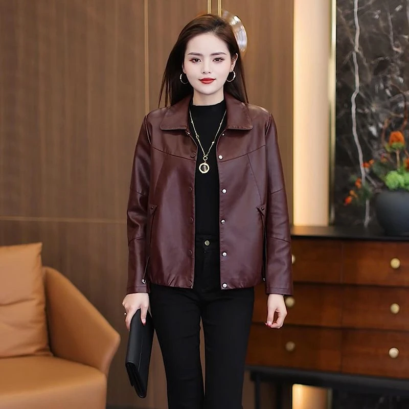 安可拉红短款宽松新款时尚春秋外套洋气百搭皮衣小个子减龄皮夹克