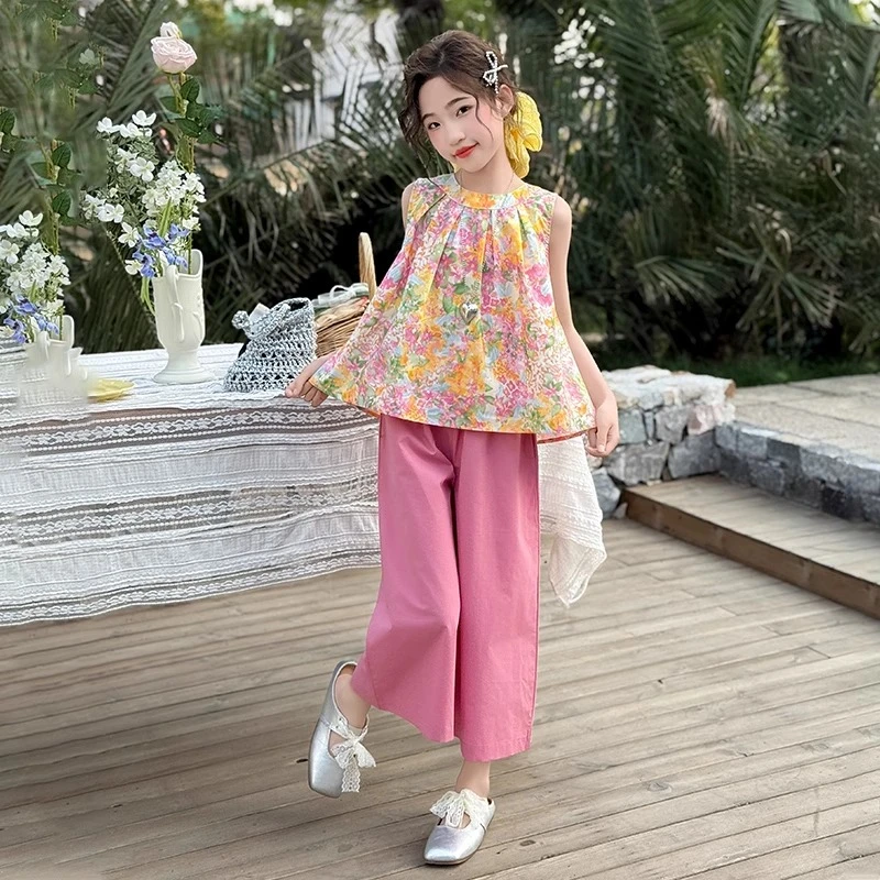 女童夏装薄款休闲套装2025新款洋气女孩中大童时髦韩系碎花两件套