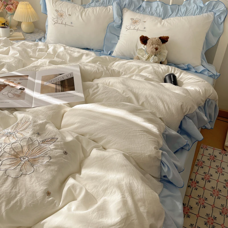 新款公主风床笠款四件套新款宿舍单双人少女心花边床单被罩三件套