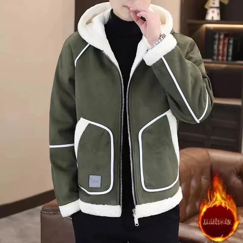 J047仿兔绒棉衣外套男秋冬季颗粒绒皮毛一体连帽加厚羊羔绒棉服