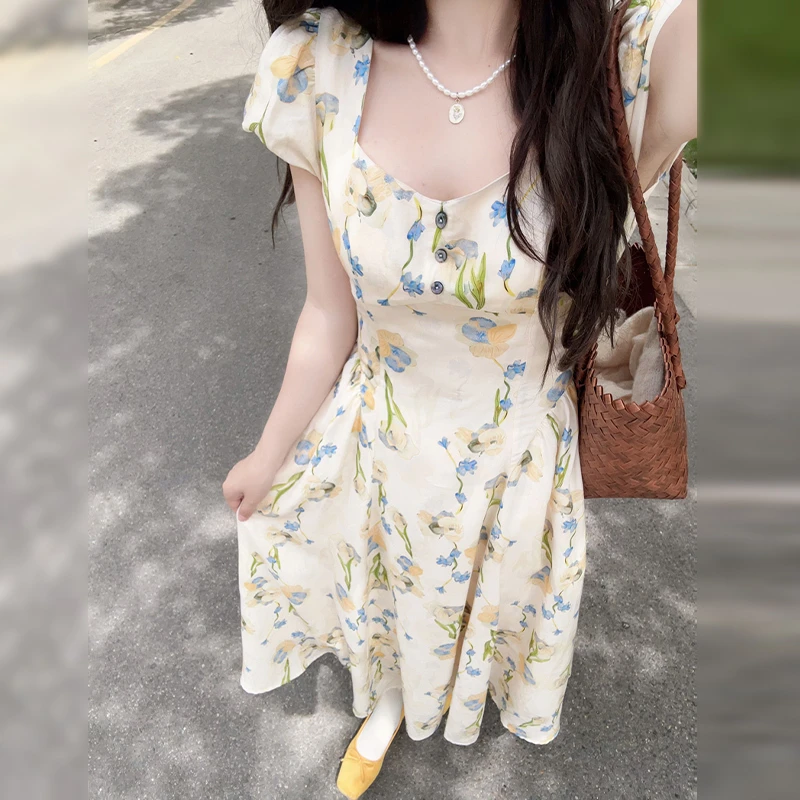 【现货+运贴5米】泡泡袖碎花连衣裙子方领收腰大摆长款连衣裙2836