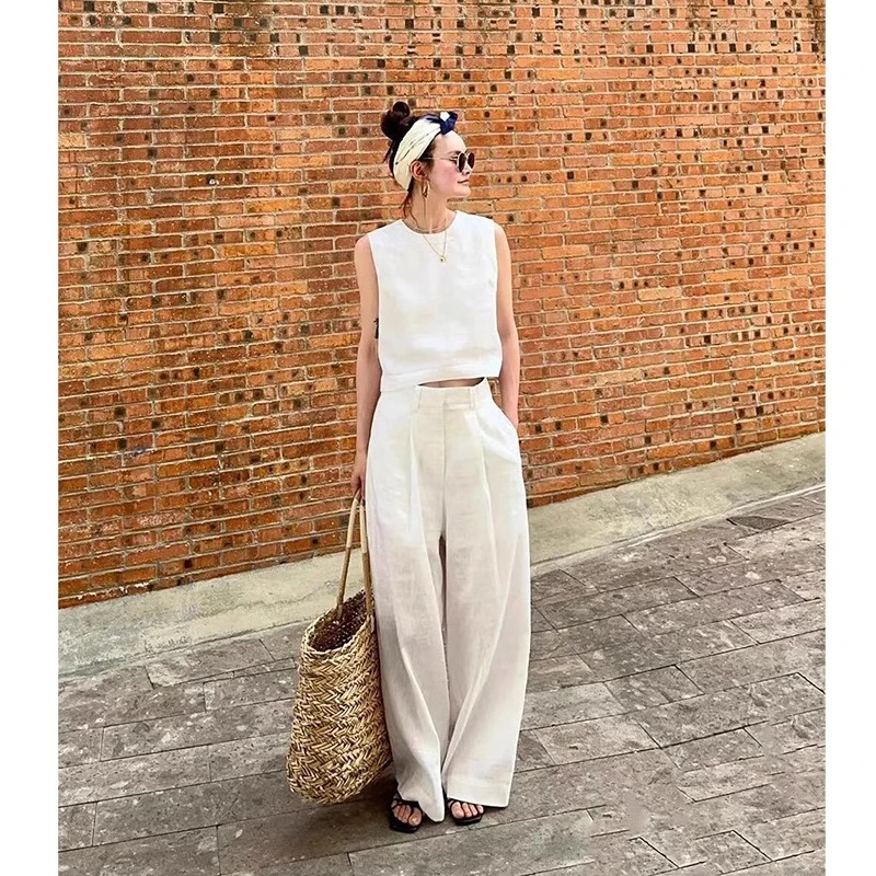 老钱风白色亚麻套装女夏新款简约穿搭无袖短上衣阔腿裤棉麻两件套