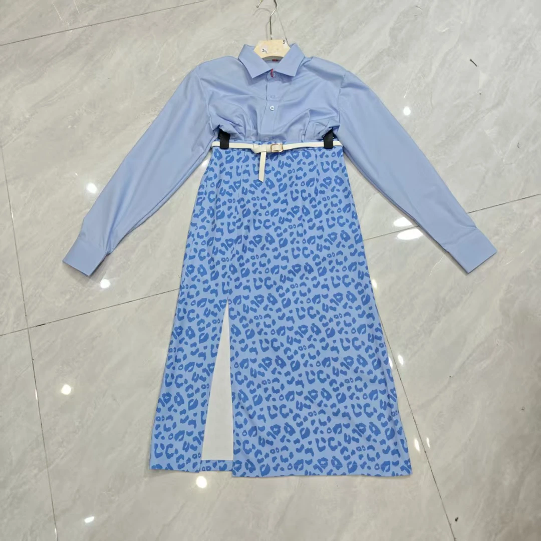 6029+（腰带）高腰裙子半裙休闲韩版长袖豹纹半身裙中长套装