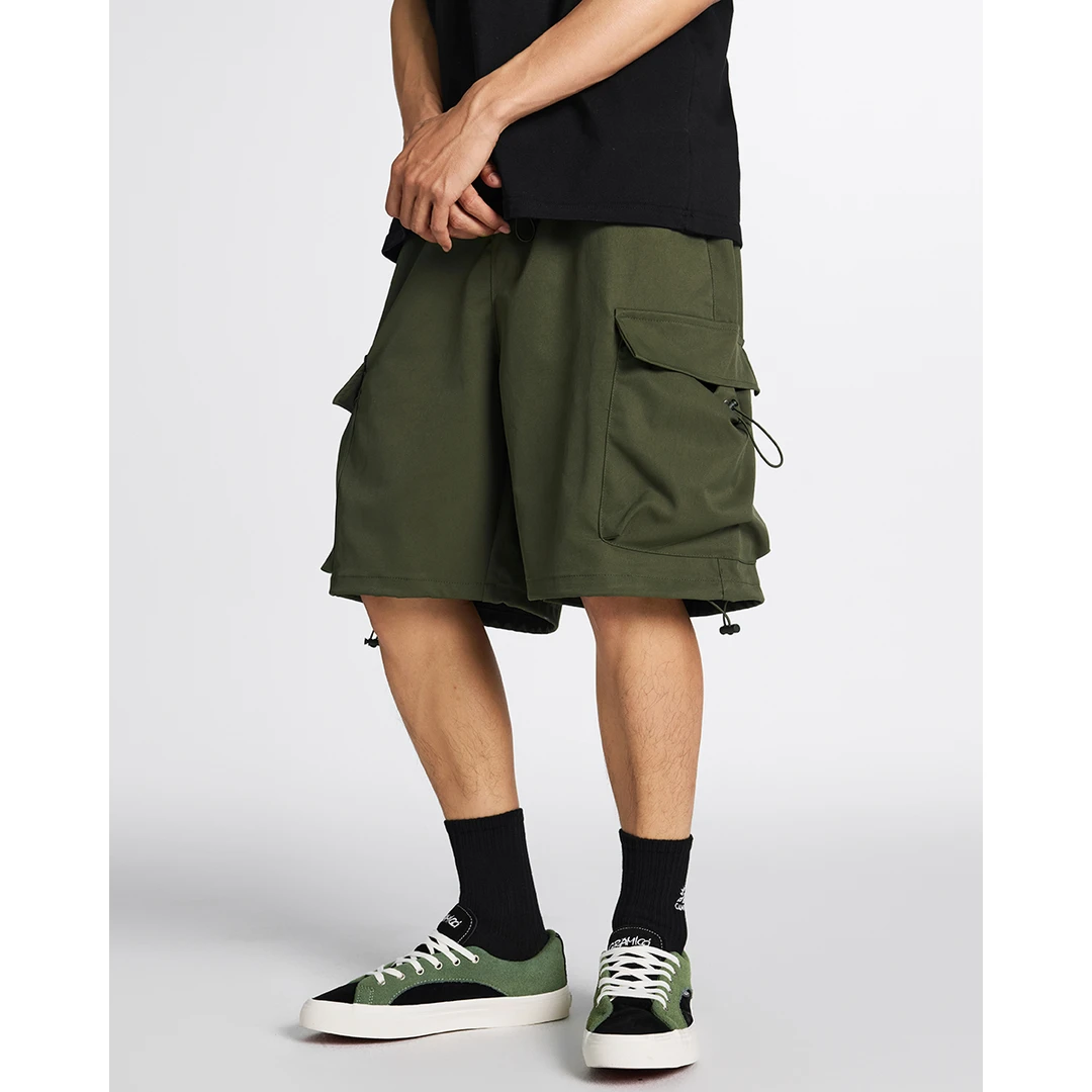 Kuvine夏季新款日系工装短裤多口袋抽绳款松紧腰宽松休闲五分裤男