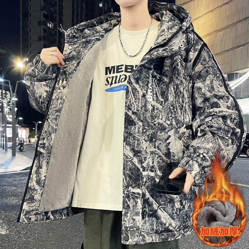 男士冬季加绒连帽夹克外套休闲潮流百搭冬装上衣加厚男装保暖棉服