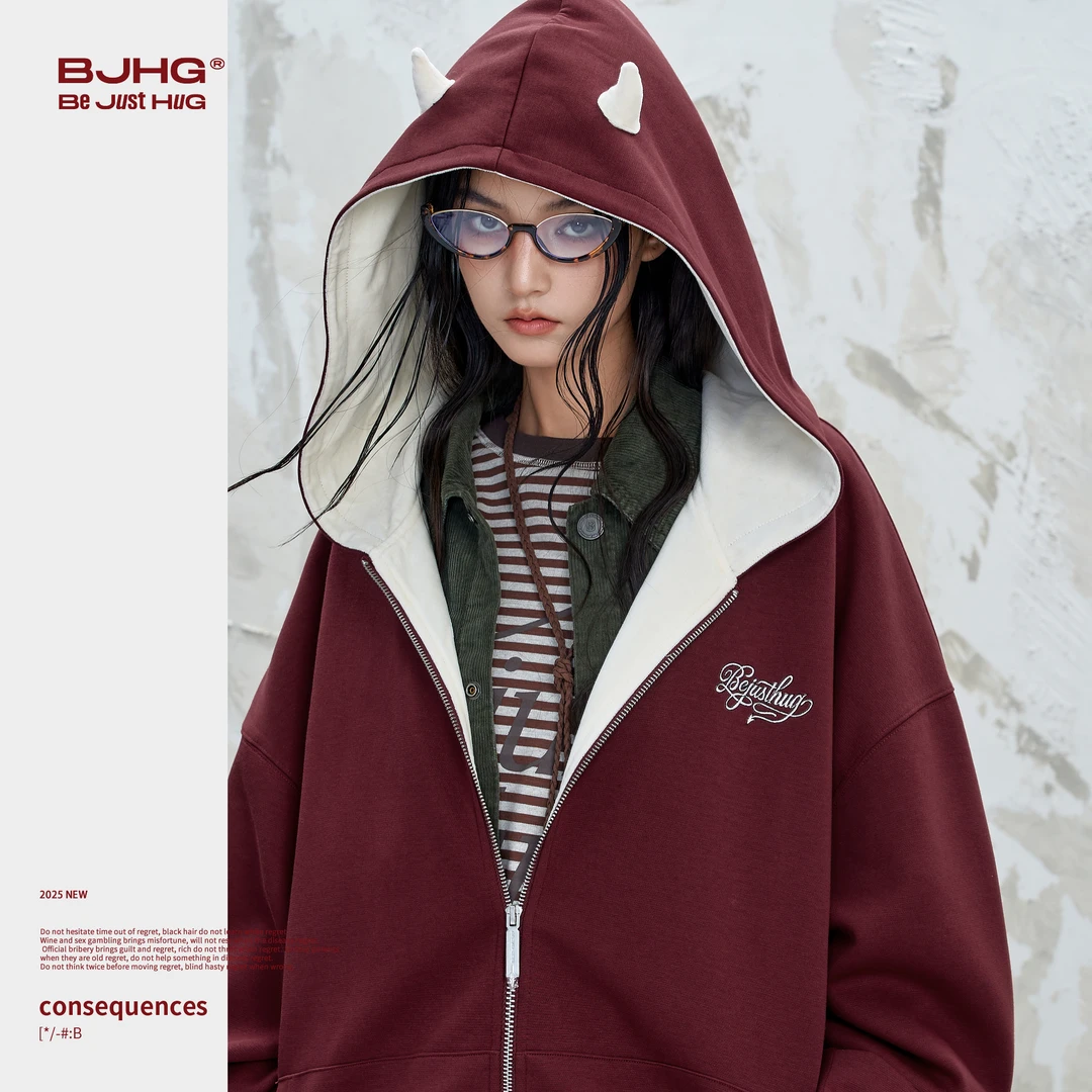 BJHG不计后果小恶魔连帽卫衣外套男款秋季2025新款趣味情侣卫衣女