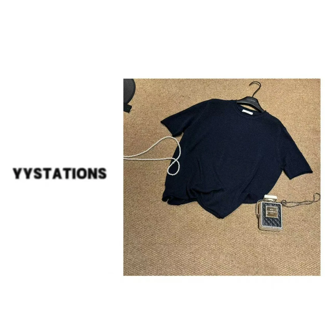 YYSTATIONS 【和纸砂！】韩版藏青色细针针织冰丝T恤-52202