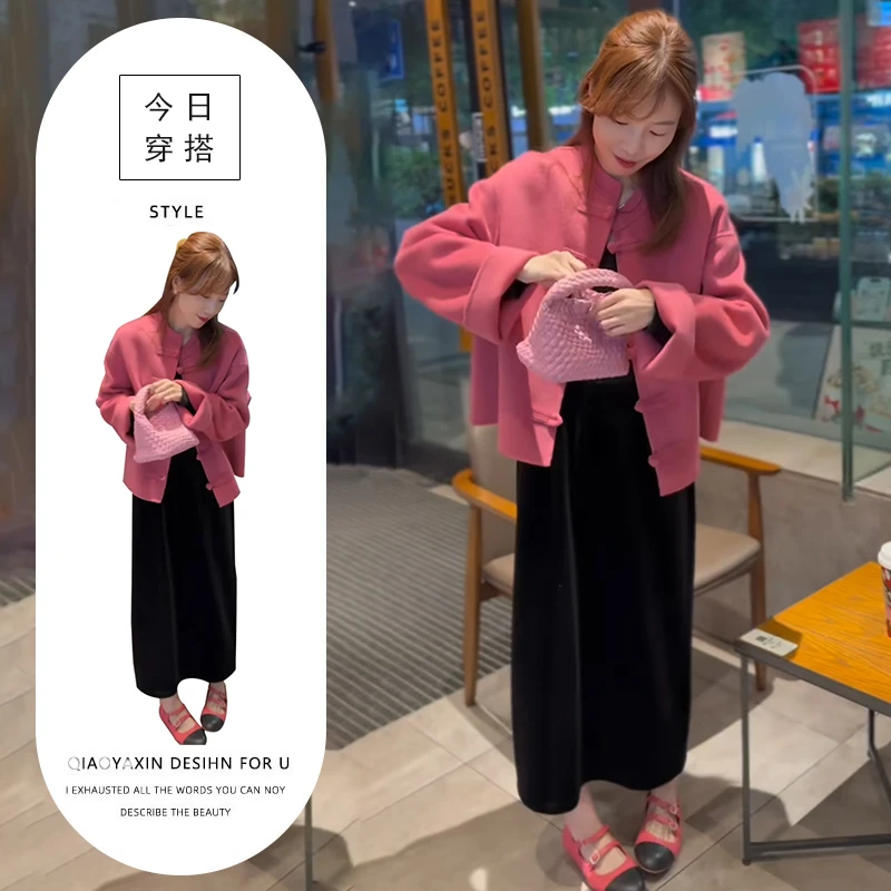 秋冬季新款两件套女新中式国风盘扣玫红色大衣外套百搭丝绒半身裙