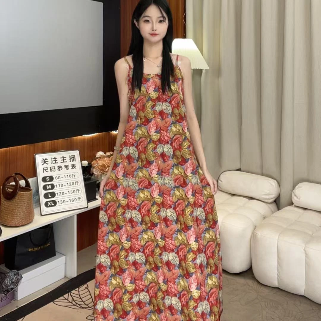 3018# 馥彩 细肩带印花宽松夏季复古时尚休闲长款无袖气质休闲