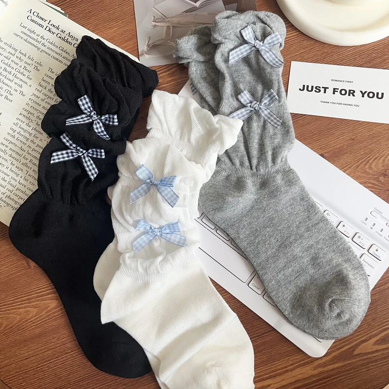 白色袜子女中筒袜夏季薄款棉袜miu系芭蕾风蝴蝶结甜美少女堆堆袜