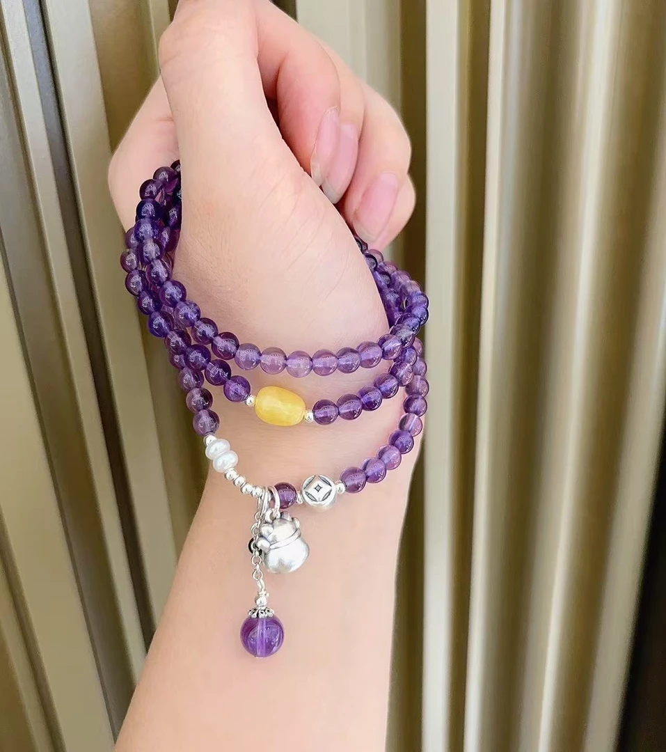 足银手链999 紫晶+珍珠+蜜蜡手串轻奢百搭气质时尚