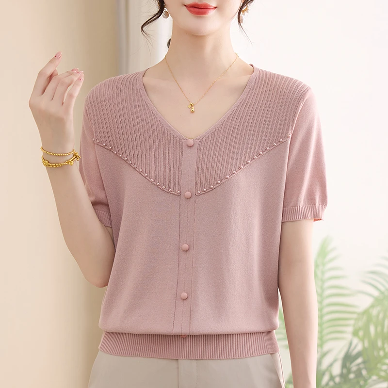 中年妈妈冰丝短袖T恤女2025新款夏装宽松洋气V领上衣针织衫2563