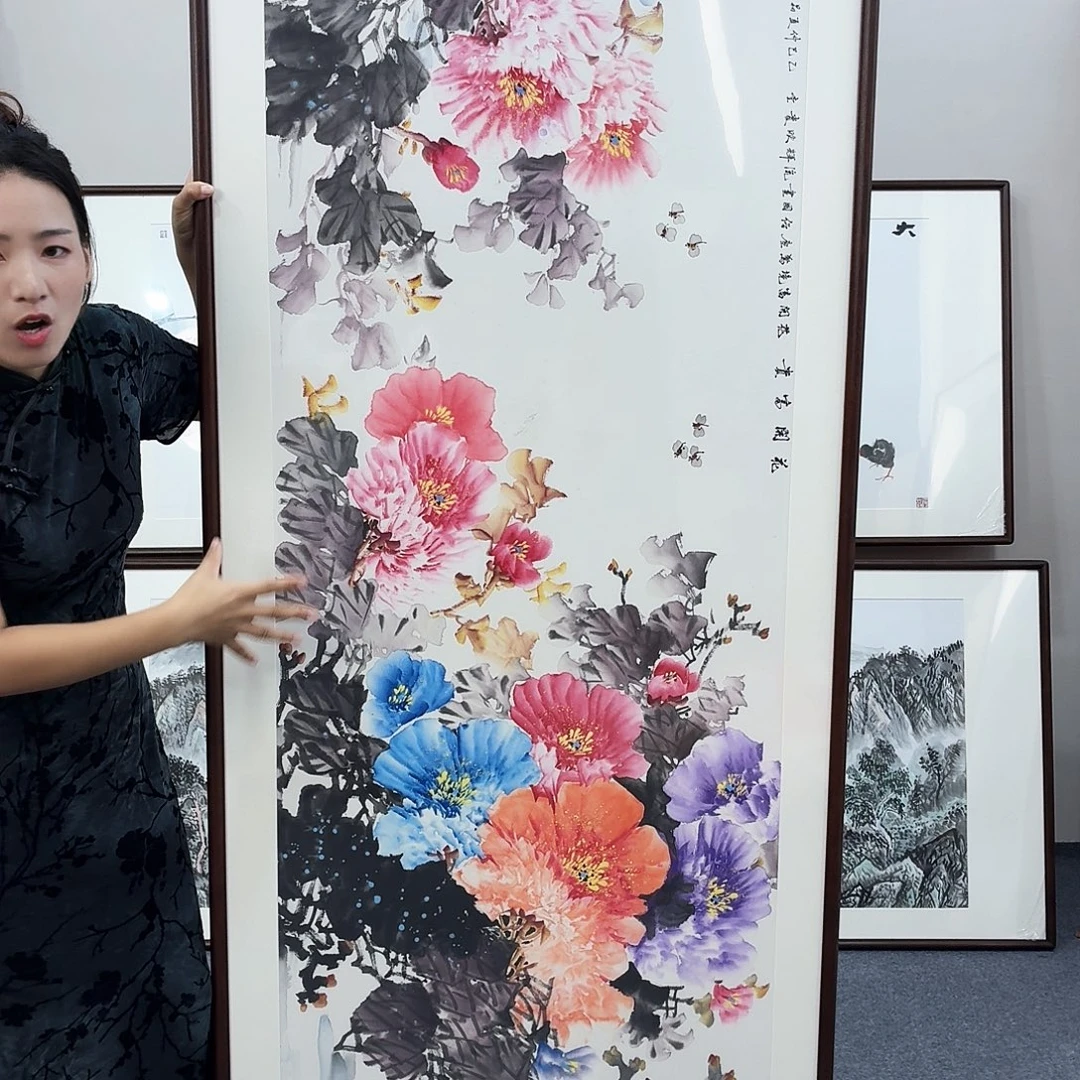 国画手绘作品牡丹210×80尺寸