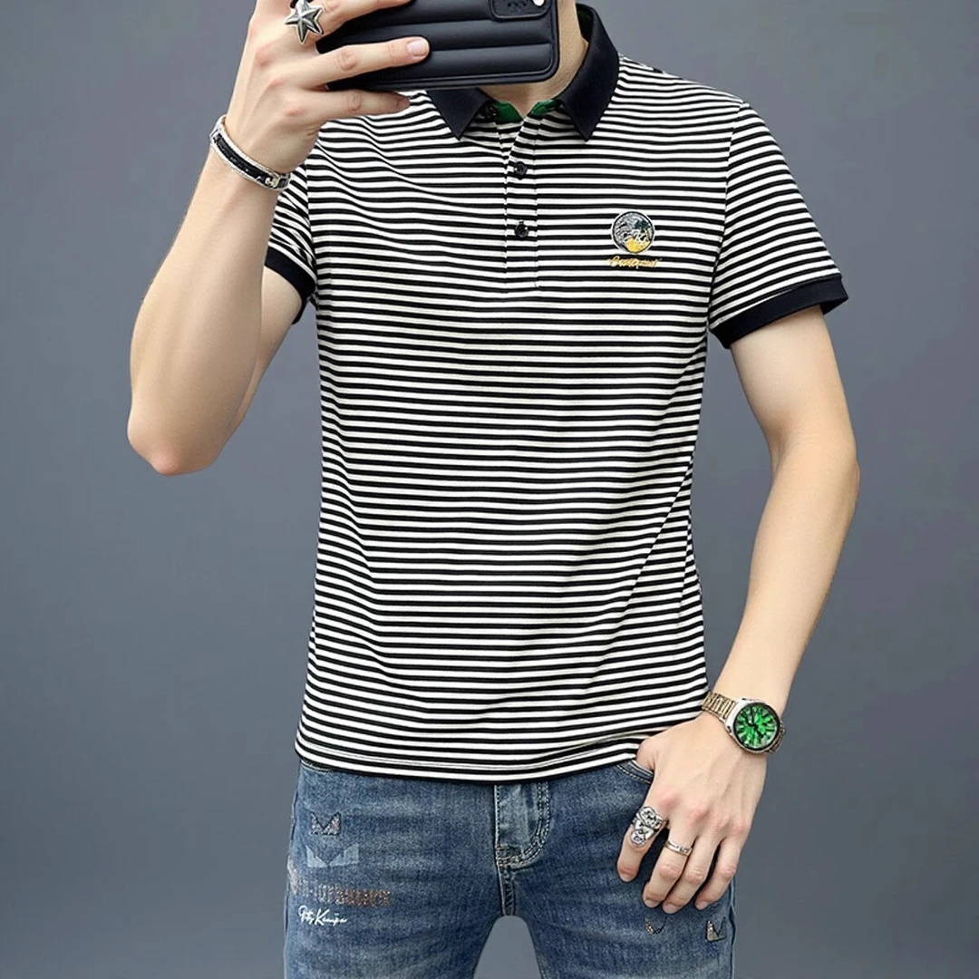 JJ欧洲站男短袖POLO衫潮牌大牌翻领T恤男装衣服体恤条纹刺绣徽章