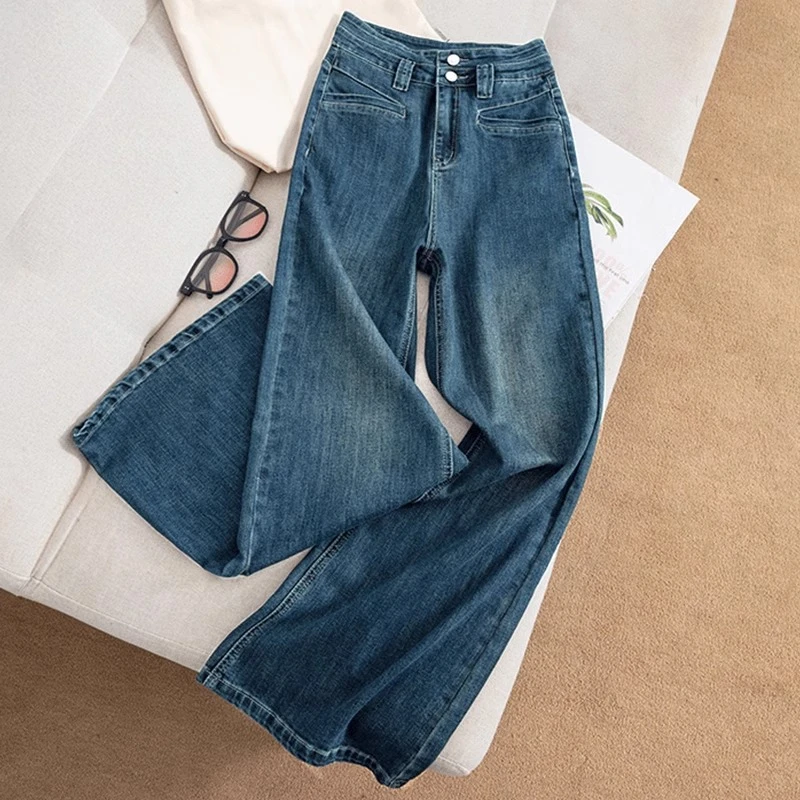 复古高腰阔腿牛仔2024早秋新款水洗弹力宽松不贴腿显瘦拖地裤T
