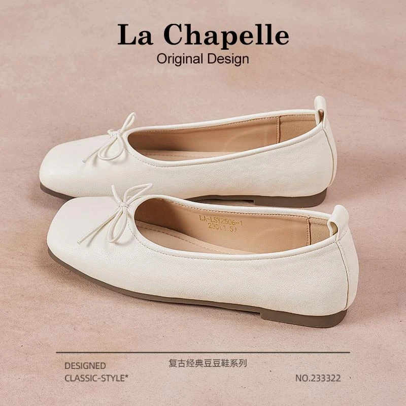 拉夏贝尔平底单鞋女2025新款冬季百搭软底奶奶鞋蝴蝶结浅口豆豆鞋