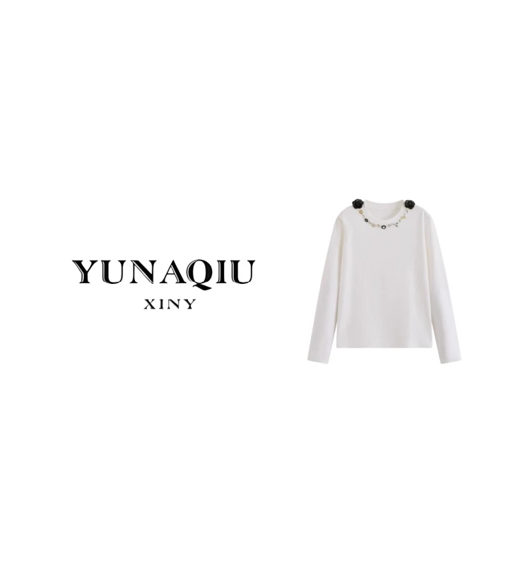 YUNAQIU-简约白色钉珠打底衫美利奴上衣-9916