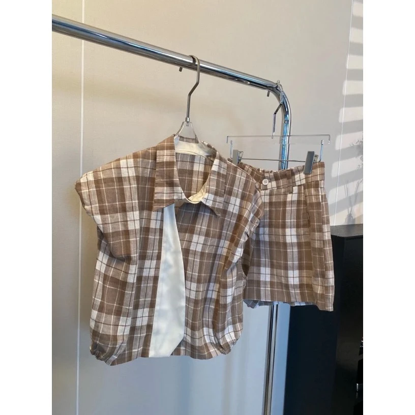 【MUMU】高级感复古格子亚麻无袖背心短裤套装91075