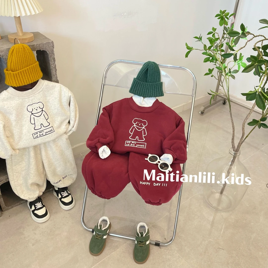 2025冬新款童装男女童加绒加厚卫衣+裤子两件套儿童保暖运动装装