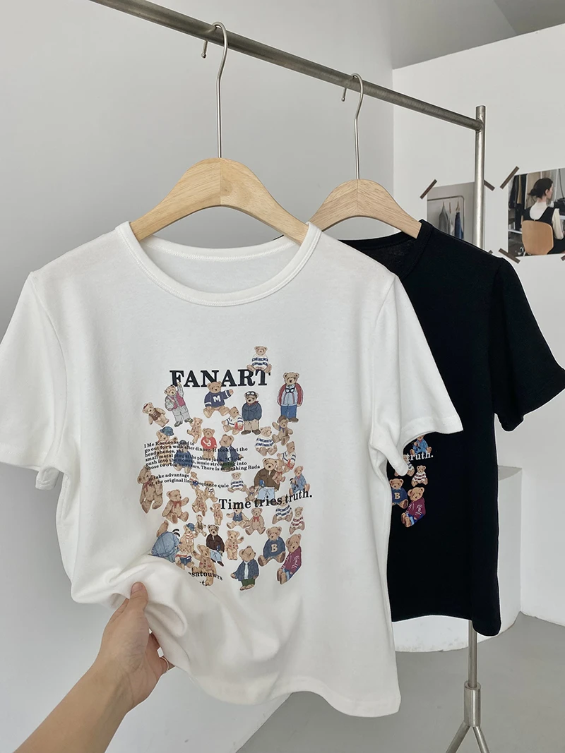 【小熊家族】夏季百搭休闲宽松印花磨毛短袖T桖1958