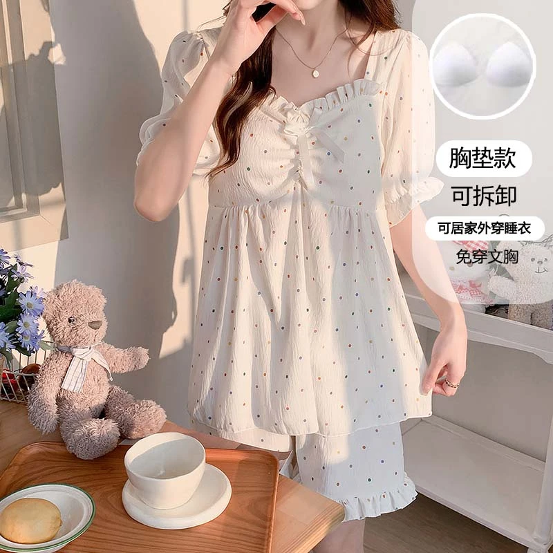 【星】夏季短袖睡衣女卡通带胸垫可外穿新款少女家居服套装1041