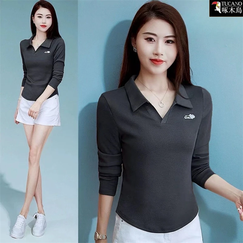 啄木鸟新款长袖刺绣POLO衫2025年春秋翻领女士减龄气质显瘦上衣潮