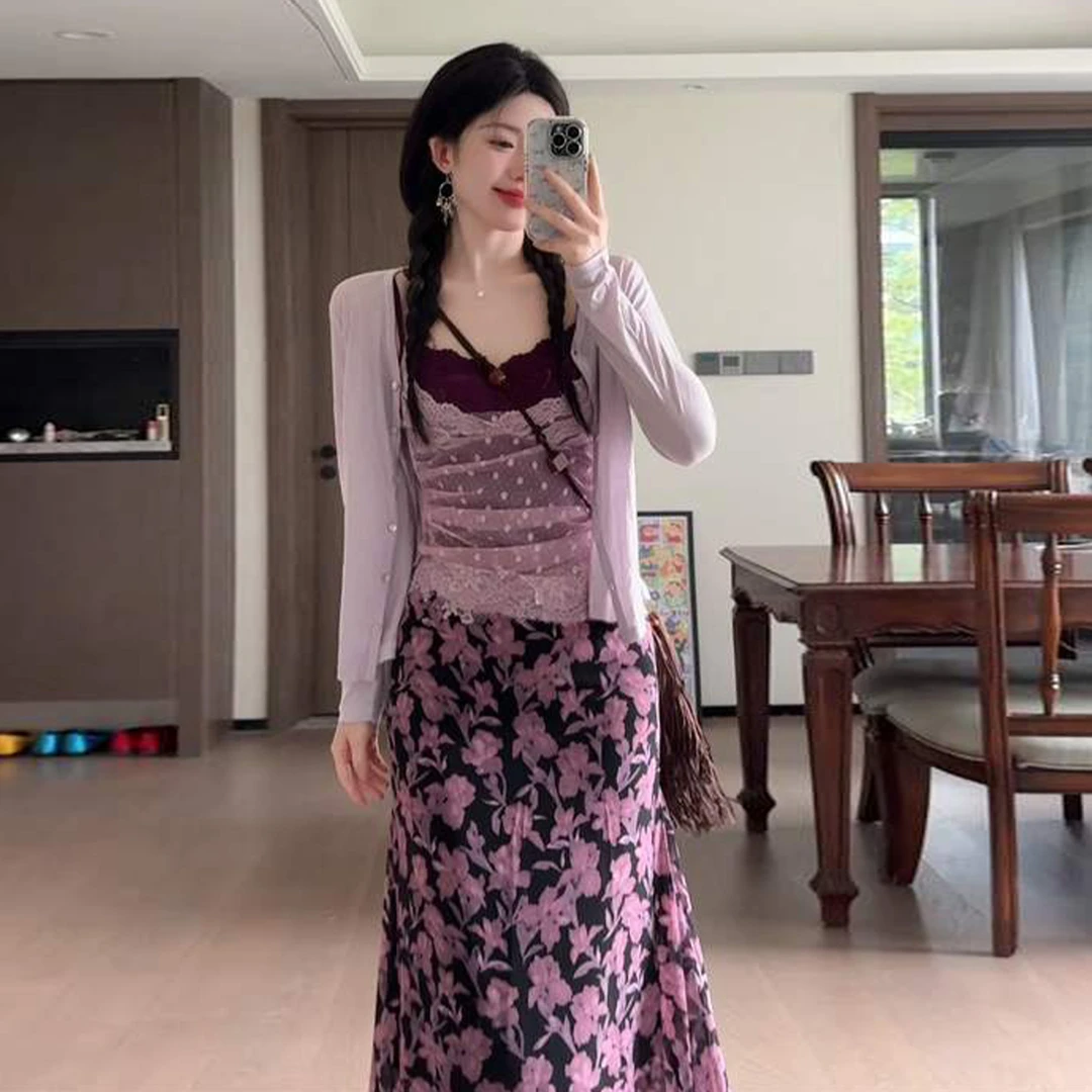 2025新款御姐风蕾丝吊带连衣裙子女夏季韩系穿搭碎花长裙紫色套装