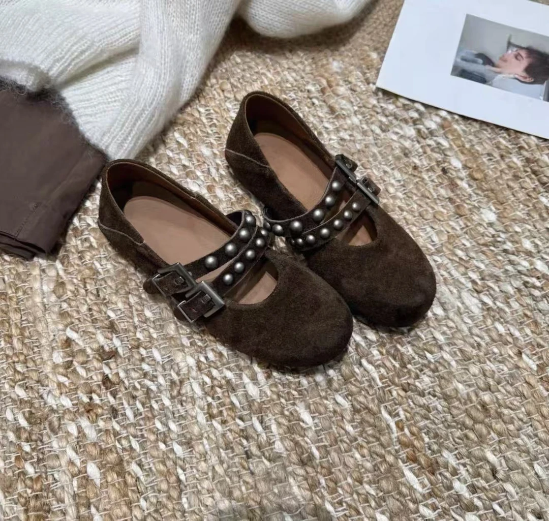 【格格专属】ALS磨毛浅口柳钉法式玛丽珍鞋