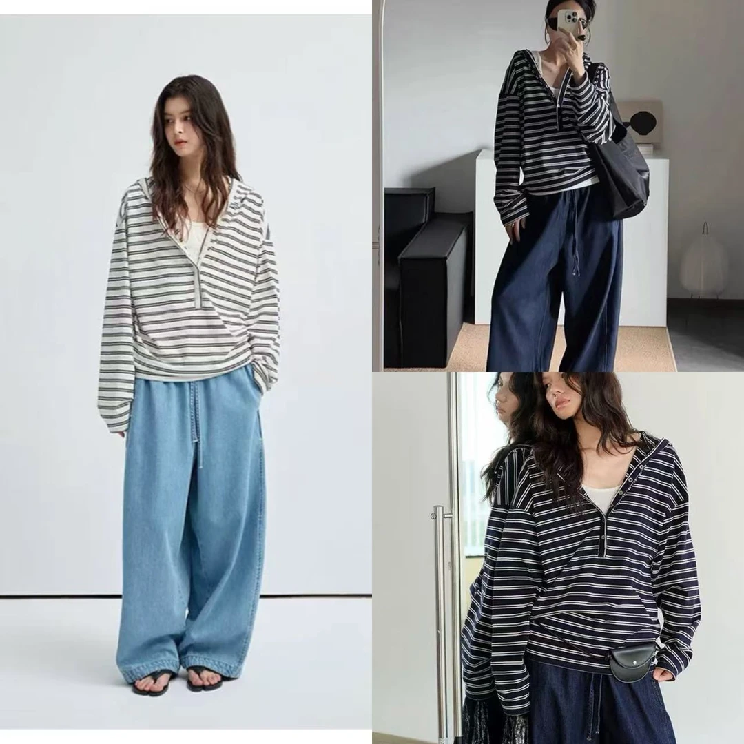 9511【臻炫女装】秋季新款设计气质条纹半开休闲时尚百搭连帽衫上衣