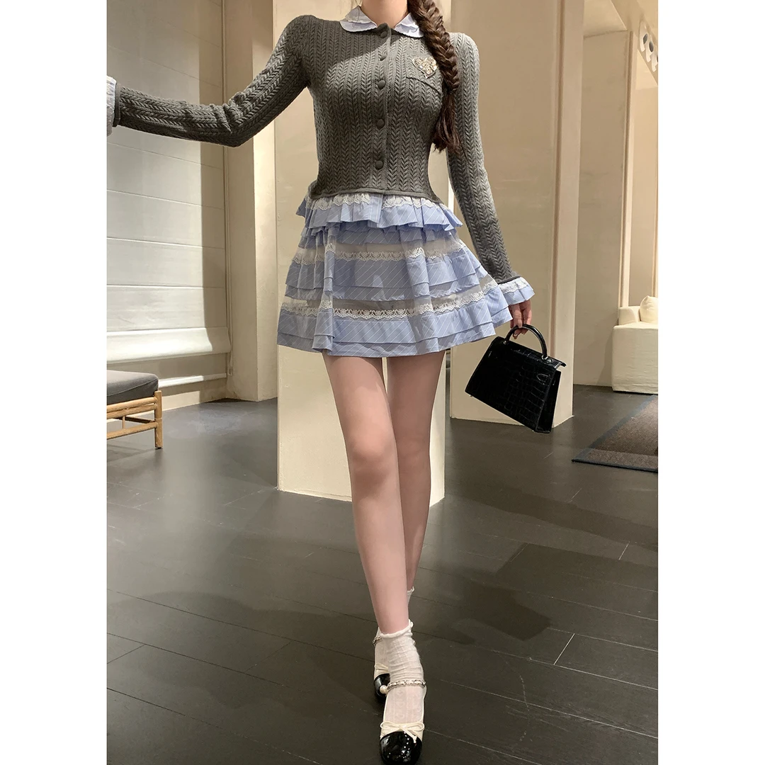 （七夕新款）AZZHEN【蓝调条纹】镂空蕾丝花边条纹蛋糕裙AZ5ESQ14-00