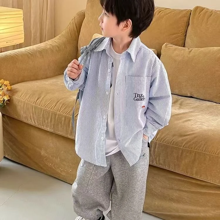 男女童衬衫韩版长袖春秋中小童宽松条纹衬衫日常穿搭长袖百搭