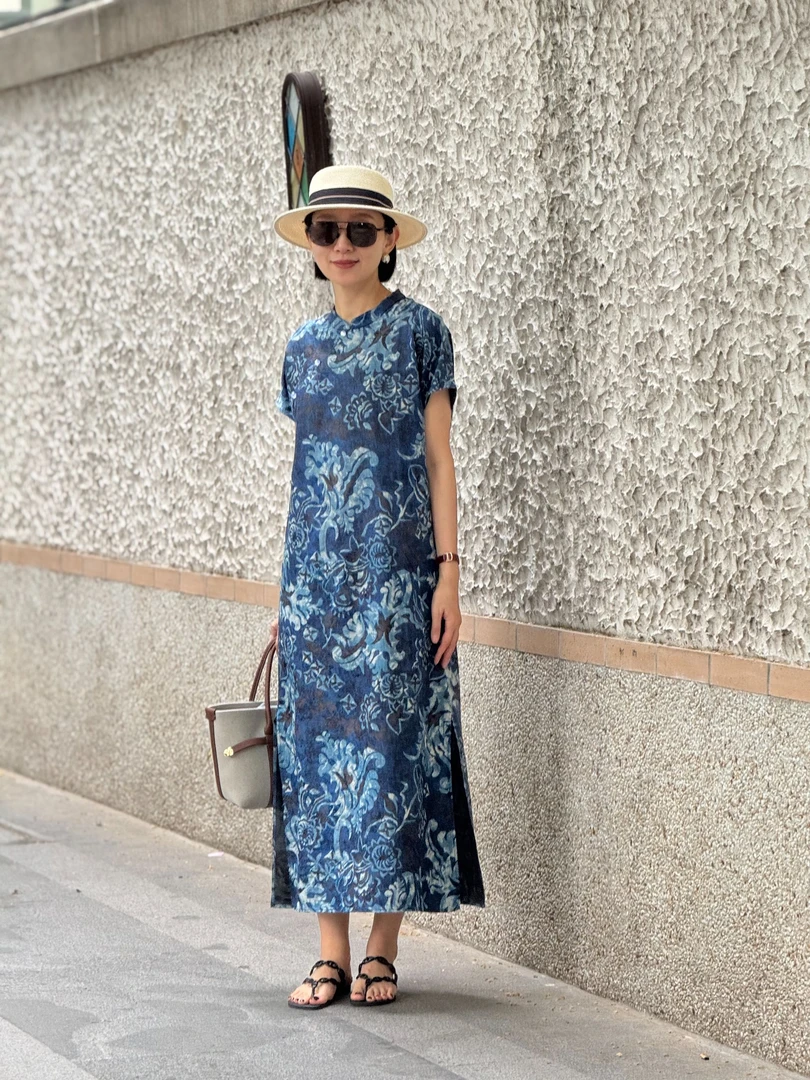 （YY推荐）云间诗短袖  显瘦蓝色夏季中长款中式花色中国风连衣裙