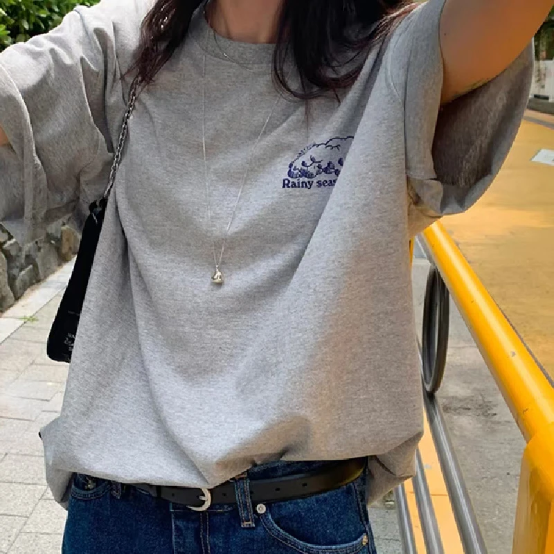 【泡菜】-休闲简约圆领字母印花宽松显瘦短袖T 恤