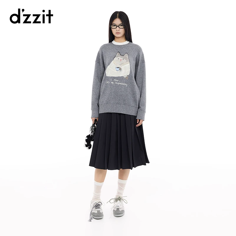 dzzit地素套头针织衫25春少女风撞色领口猫咪长袖上衣女3J1E433