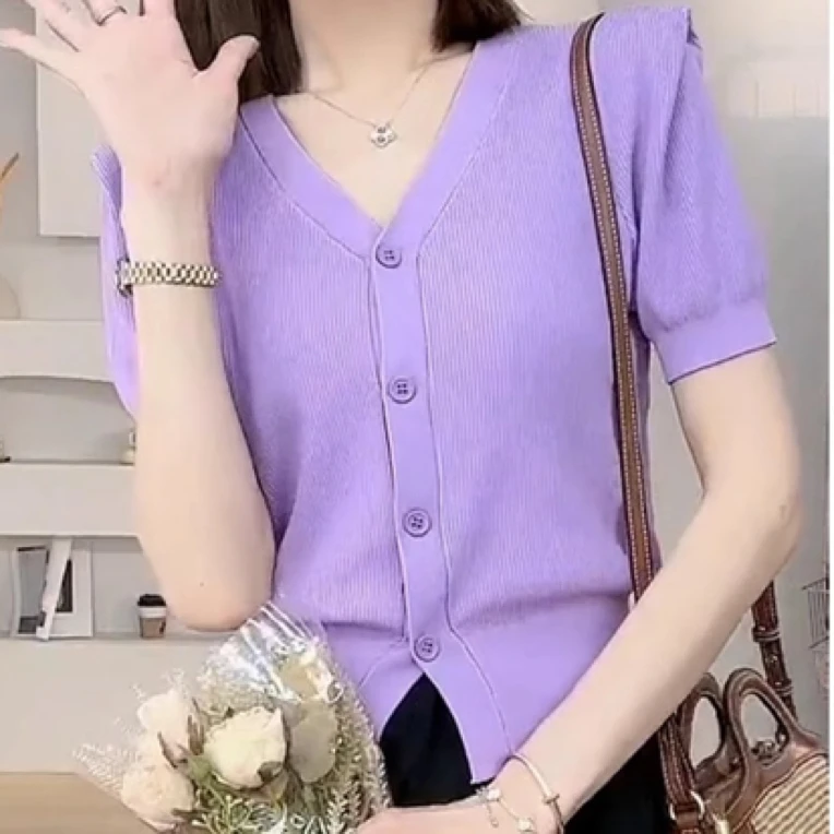 高级感短袖针织衫女夏季薄款法式修身V领设计感短款简约气质上衣