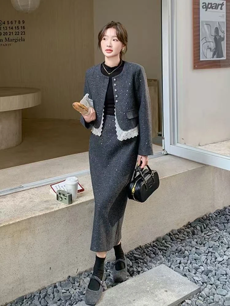 031，时尚2025春秋新款小香风羊毛套装气质高级感半身裙两件套