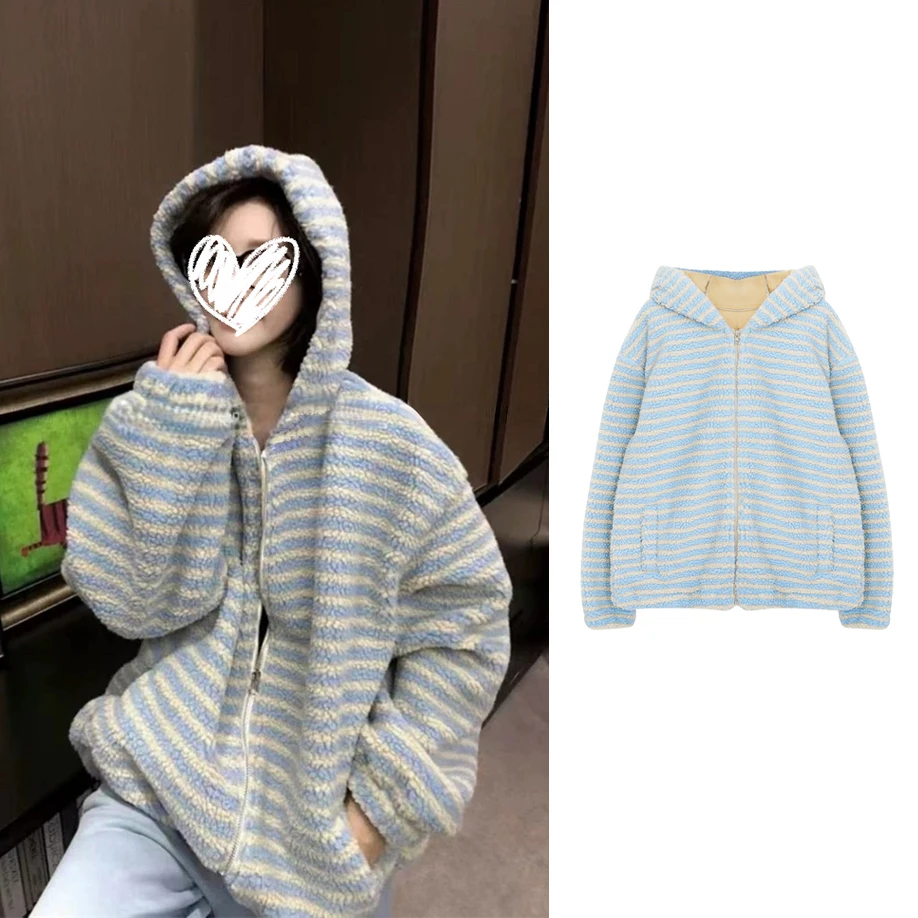 5256#摇粒绒条纹宽松外套秋冬加绒加厚撞色休闲百搭保暖女上衣