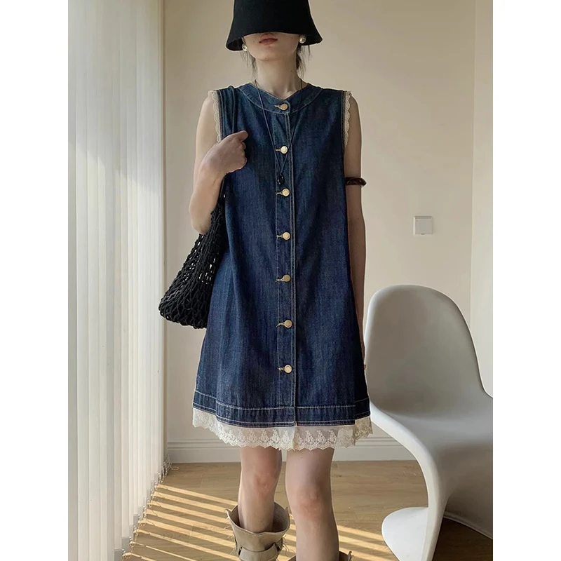 夏季新款高级感复古牛仔连衣裙女小个子蕾丝花边拼接无袖背心裙