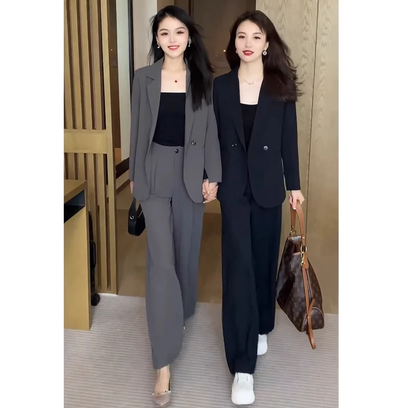 拉夏贝尔时尚气质西装外套女2025夏季新款设计感西服阔腿裤两件套