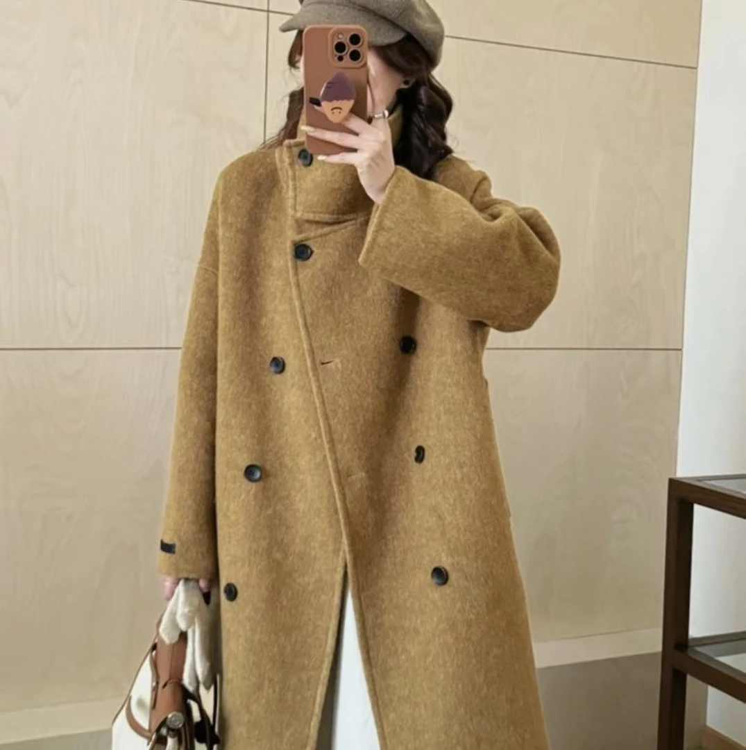 2420立领双面大衣女深灰色秋冬双排扣高级感羊毛外套中长款