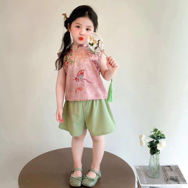 女童新中式国风套装夏季2025新款儿童夏装复古无袖上衣短裤两件套